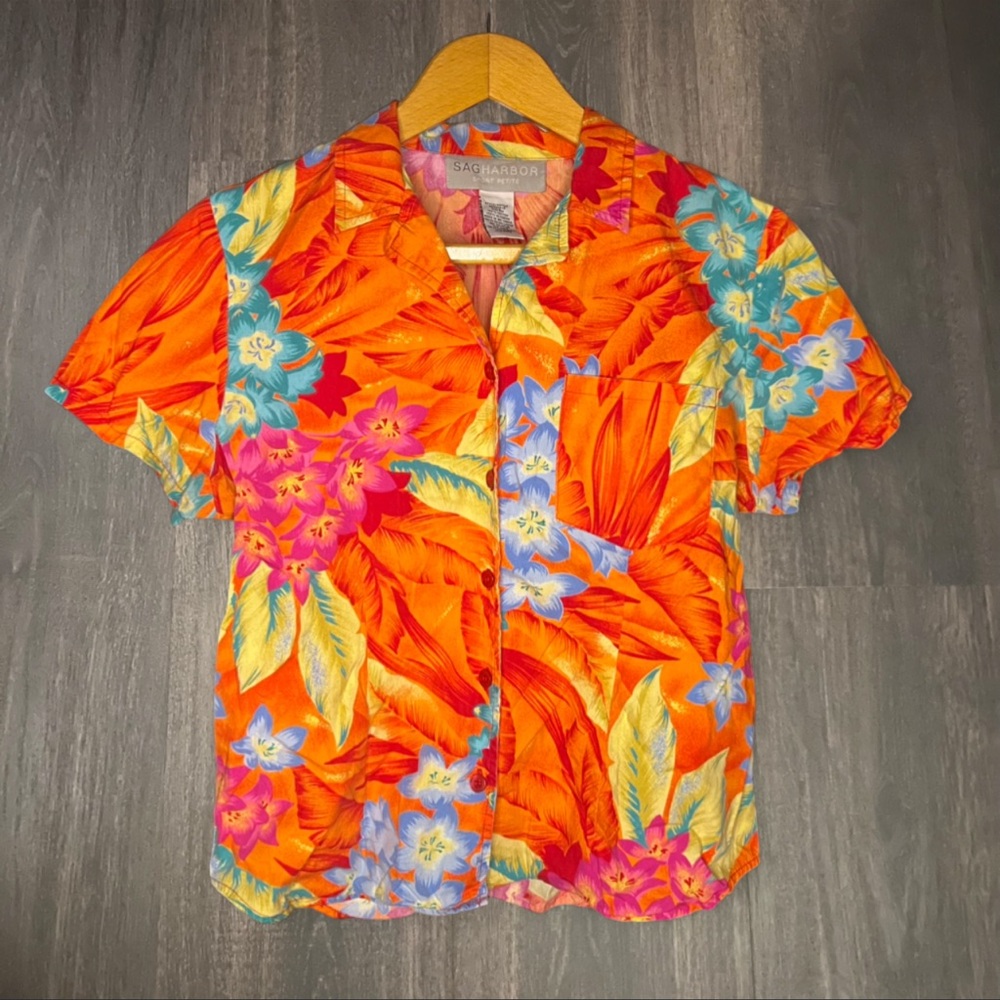 Sag Harbor Tropical Floral Button Up Blouse Medium 100% Cotton
